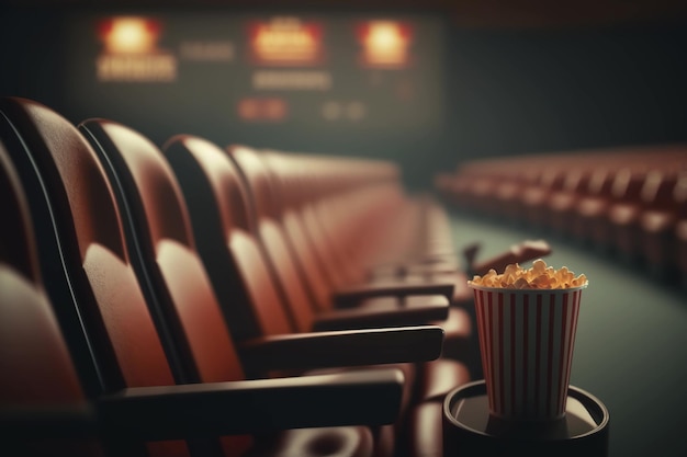 Een rij stoelen in een bioscoop, afbeelding van film en popcorn