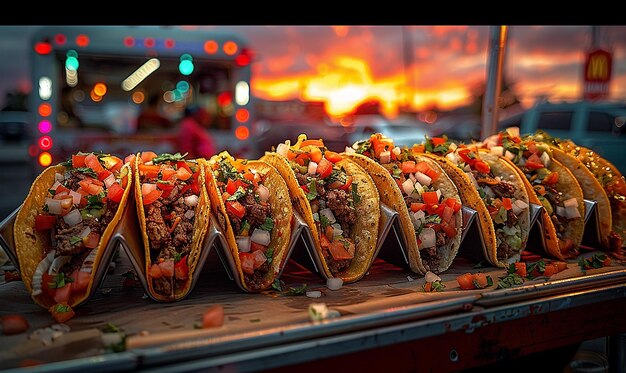 een rij taco's die op een tafel staan.