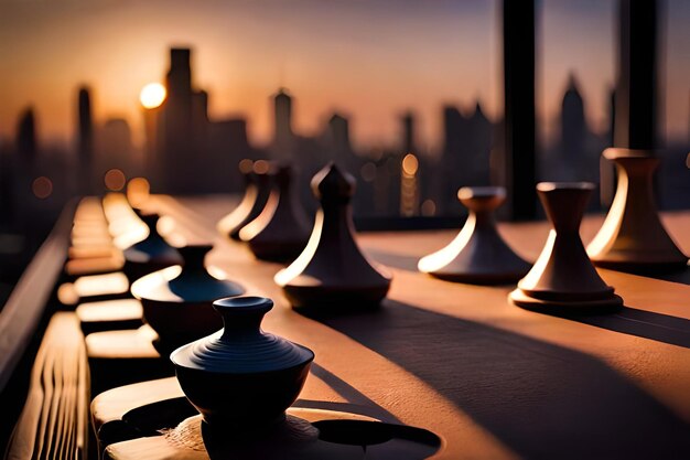 Foto een rij vazen op een tafel met daarachter de ondergaande zon.
