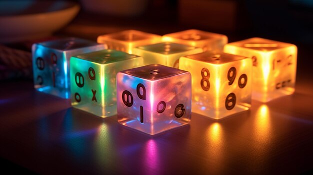 Een rij verlichte kubussen met cijfers en nullen erop