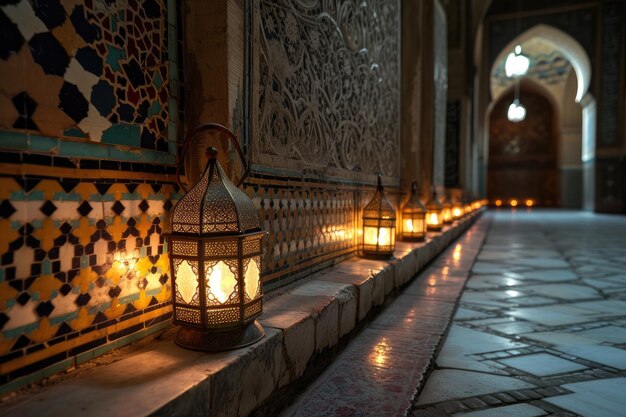 Een rij verlichte traditionele lampen tegen een oude islamitische architectonische muur