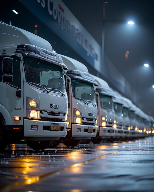 Een rij vrachtwagens geparkeerd in een parkeerplaats's nachts met lichten op hen en regen op de grond