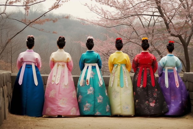 Een rij vrouwen in kleurrijke hanbok