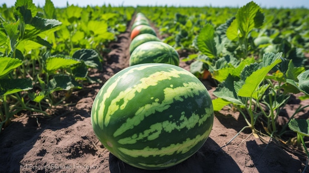 Een rij watermeloenen in een veld