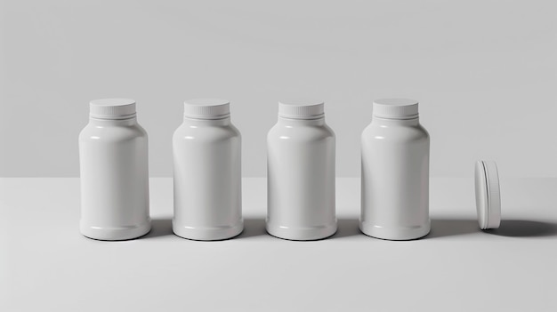 een rij witte flessen met witte doppen en witte dopken