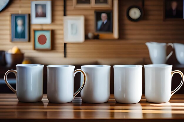 Een rij witte koffiekopjes op een tafel met een man op de achtergrond.