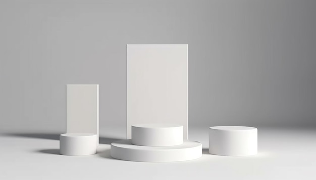 Een rij witte podia met daarop een witte doos.