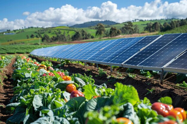 Een rij zonnepanelen in een veld met groenten