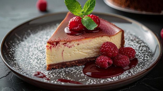 Een rijk stukje New York cheesecake met een raspberry coulis