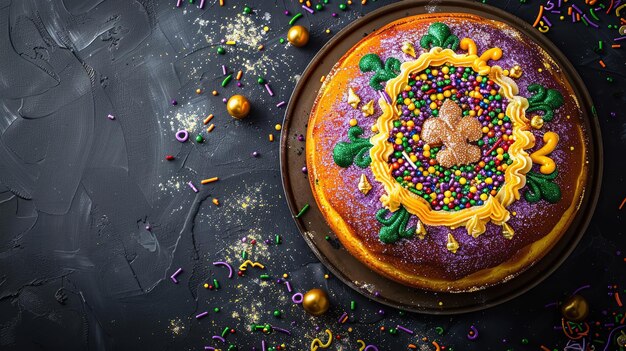 Een rijke en fluweelachtige Mardi Gras cheesecake is de ideale traktatie om te genieten op Mardi Gras met een humeurige achtergrond Generatieve AI