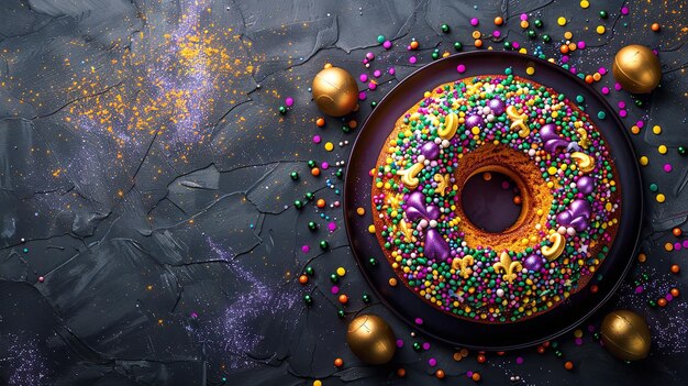 Een rijke en fluweelachtige Mardi Gras cheesecake is de ideale traktatie om te genieten op Mardi Gras met een humeurige achtergrond Generatieve AI