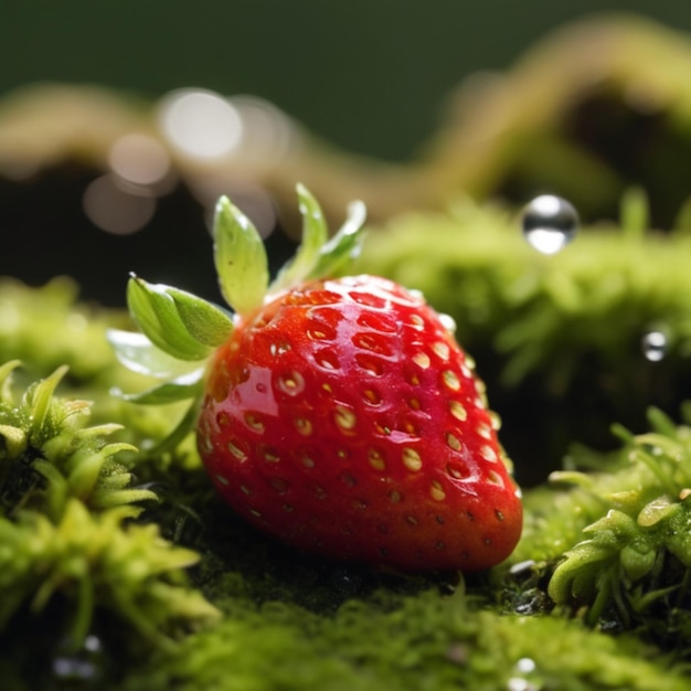 Een rijpe aardbei op weelderig groen mos onder zonneschijnende dauwdruppels