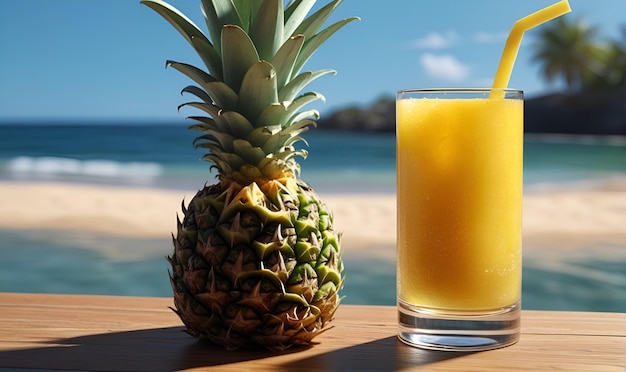 Een rijpe ananas en een glas koel ananas sap aan de kust