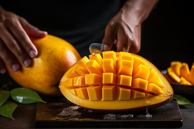 Een rijpe mango die wordt geschild en in plakjes gesneden met een vruchtschilder