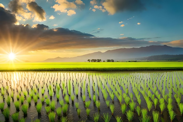 Een rijstveld met een berg op de achtergrond
