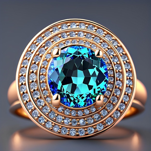 Een ring met een blauwe topaas en diamanten