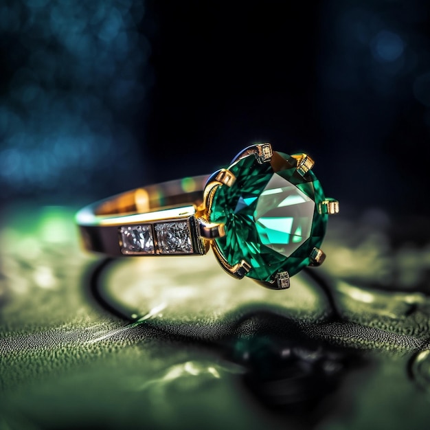 Een ring met een groene steen en diamanten zit op een groene doek