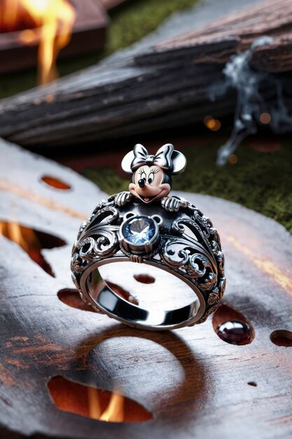 Foto een ring met een muis erop die op een houten oppervlak zit