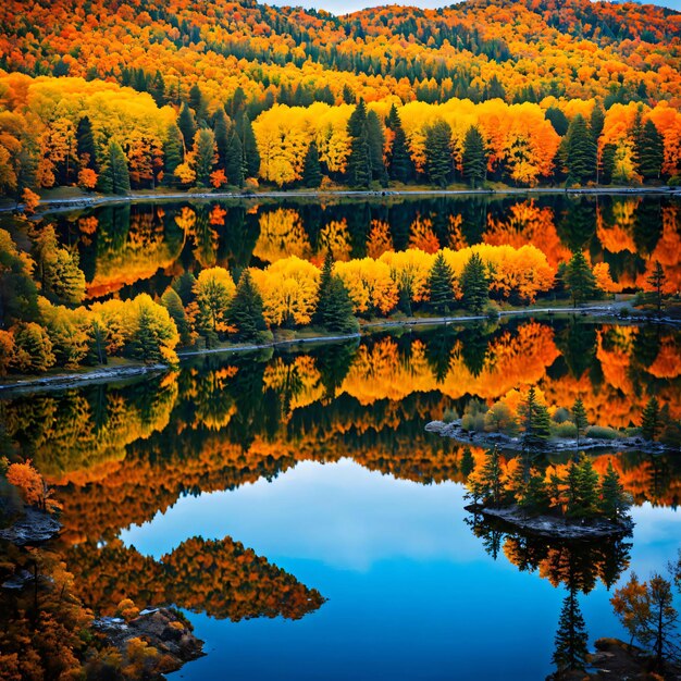 een ring van levendige herfstbladeren rond een idyllisch blauw meer