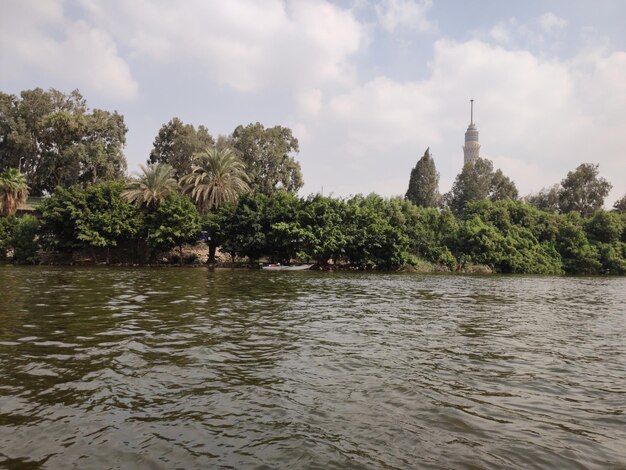 Een rivier de Nijl in Caïro met palmbomen