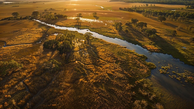 Een rivier die bij zonsondergang door een groen veld slingert in een natuurlijk landschap