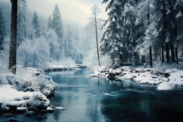 een rivier die door een bos loopt bedekt met sneeuw