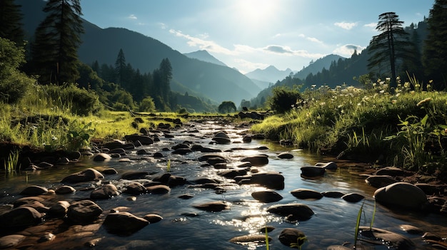 Foto een rivier die door een bos stroomt.