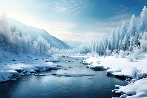 een rivier die door een met sneeuw bedekt bos loopt