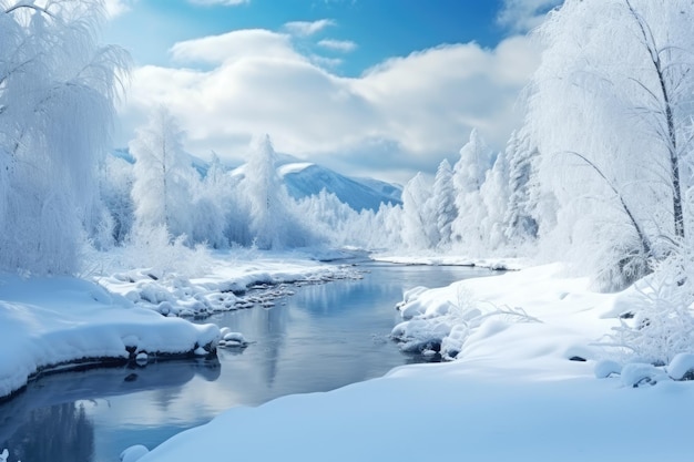 een rivier die door een met sneeuw bedekt bos loopt