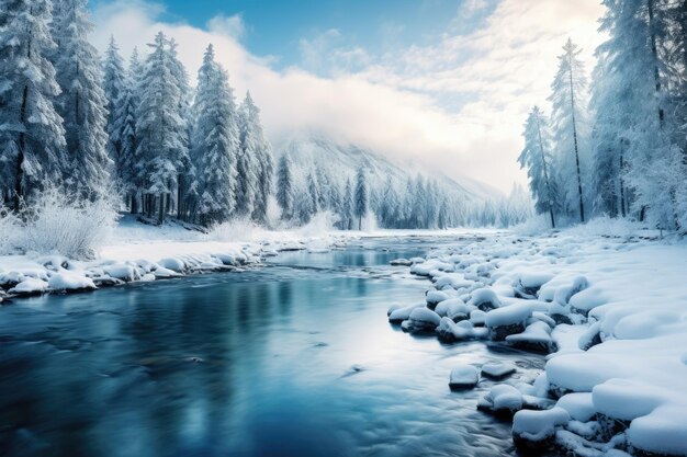 een rivier die door een met sneeuw bedekt bos loopt