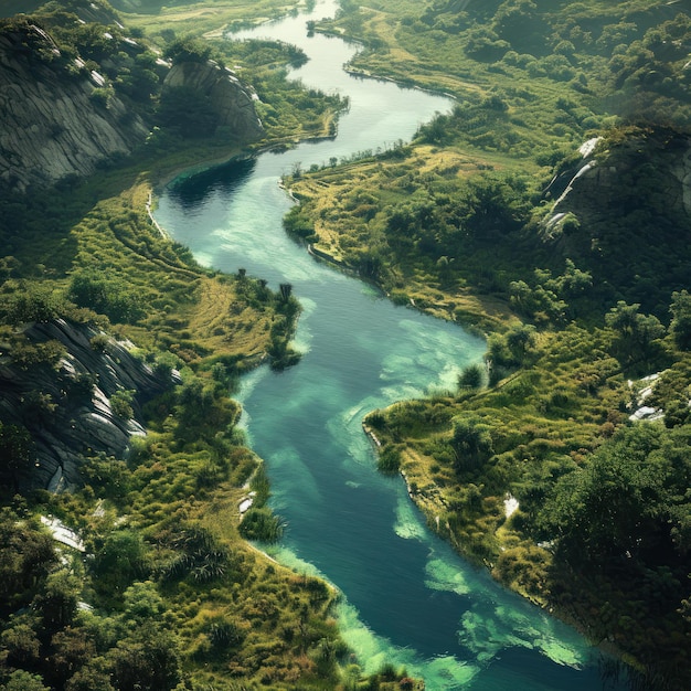 Een rivier die door een vallei stroomt.