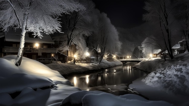 Foto een rivier en een brug op besneeuwde nachtachtergrond