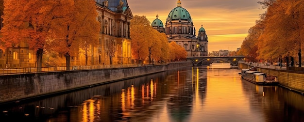 Een rivier en een gebouw in Berlijn, Duitsland bij zonsondergang.