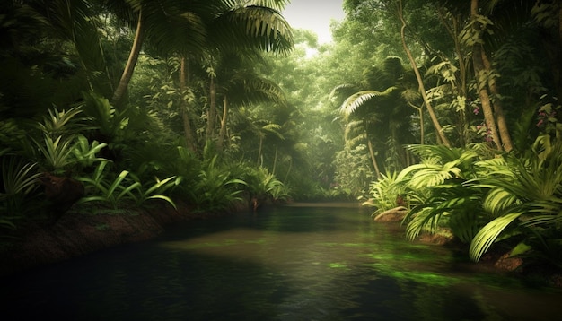 Een rivier in de jungle met een jungle achtergrond