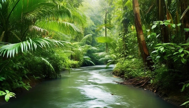 Een rivier in de jungle met een jungle achtergrond