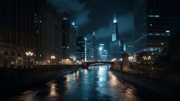 Een rivier in de stad Chicago 's nachts