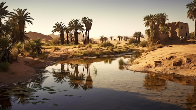 Een rivier in de woestijn met palmbomen en water