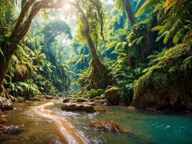 Een rivier in een jungle met een rivier er middenin