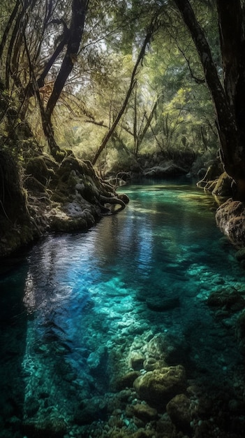 Een rivier in het bos met blauw water