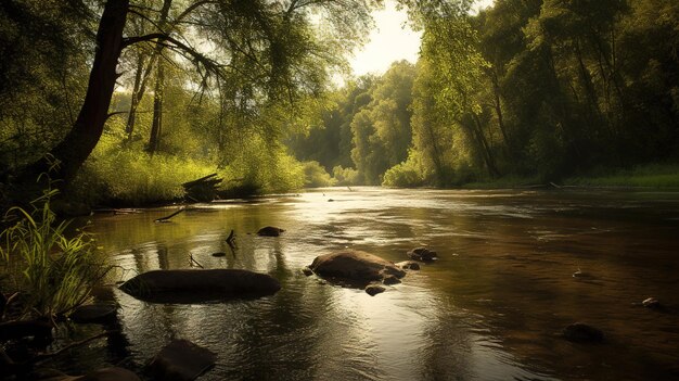 Een rivier in het bos met bomen en een zon die op het water schijnt