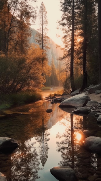 Een rivier in het bos met de ondergaande zon