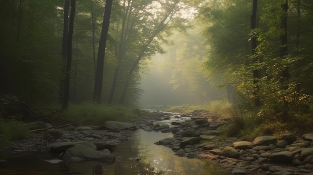 Een rivier in het bos met de zon die door de bomen schijnt.