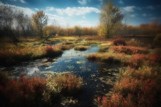 Een rivier in het bos met een blauwe lucht en oranje bladeren.