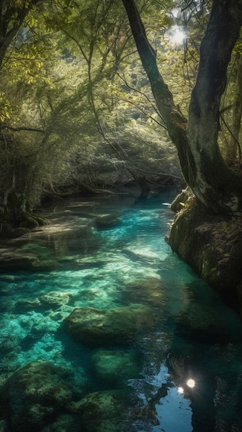 Een rivier in Nieuw-Zeeland met een blauwe lucht en bomen