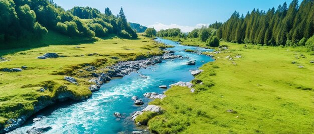 Foto een rivier loopt door een vallei met blauw water en bergen op de achtergrond