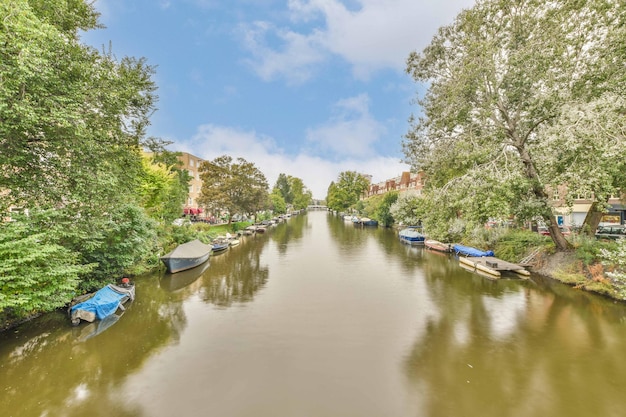 Een rivier met aan de kant geparkeerde boten