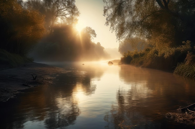 Een rivier met bomen en de ondergaande zon
