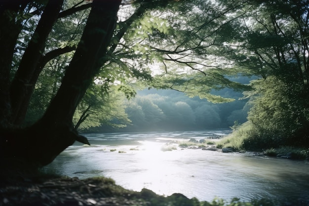 Een rivier met bomen en een zon erop