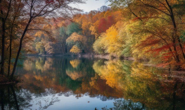 Een rivier met bomen en het woord herfst erop