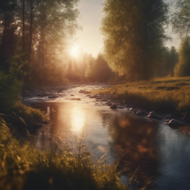 een rivier met een beek er doorheen en een zon die door de bomen schijnt